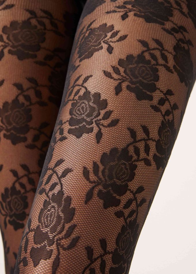 40 Denier Tulle Tights with Rose Pattern