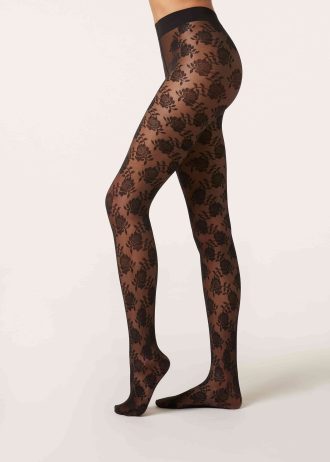 40 Denier Tulle Tights with Rose Pattern