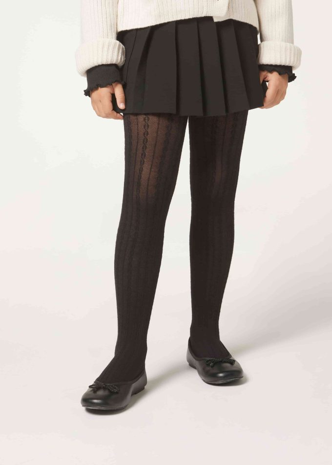 Girls’ Cashmere Tights with Cable Pattern