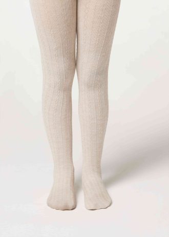 Girls’ Cashmere Tights with Cable Pattern