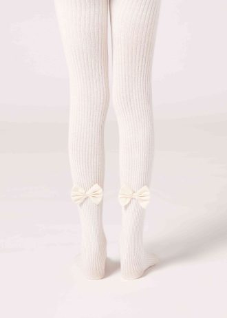 Girls’ Narrow Rib Cotton Tights with Bow