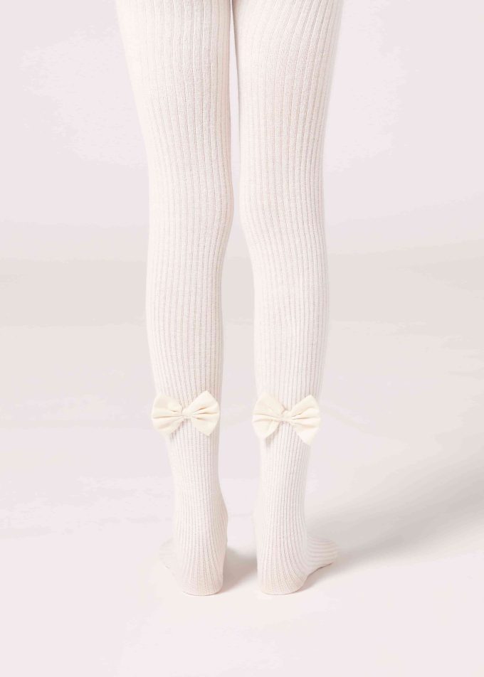 Girls’ Narrow Rib Cotton Tights with Bow