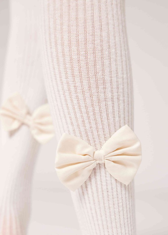 Girls’ Narrow Rib Cotton Tights with Bow