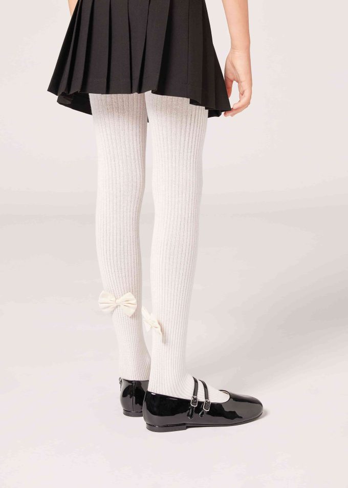 Girls’ Narrow Rib Cotton Tights with Bow