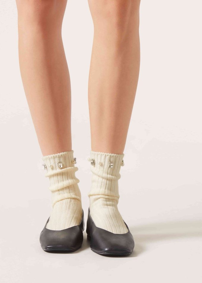 Pearl and Diamanté Appliqué Socks with Wool