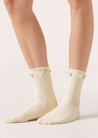 Pearl and Diamanté Appliqué Socks with Wool