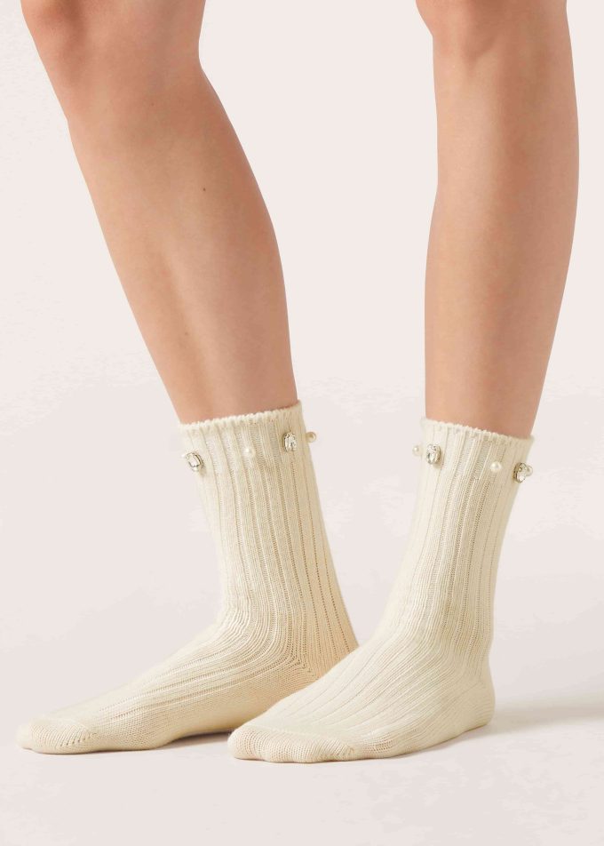 Pearl and Diamanté Appliqué Socks with Wool